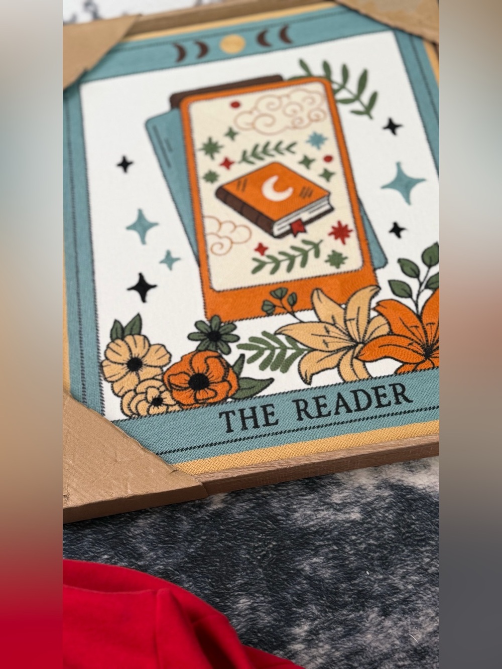 The Reader Wall Hanging Tapestry — Orange, Teal & Cream Design